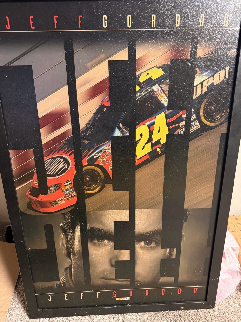 Wooden picture Jeff Gordon #24 NASCAR Framed Poster - Bold Red & Yellow Race Car
